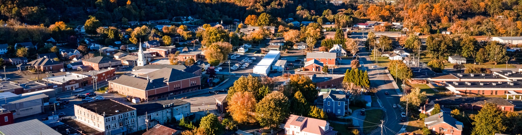 Aerial view of downtown Clarkesville, Georgia in autumn